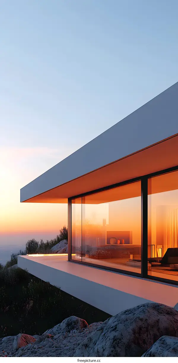 Modern House with Large Windows and Sunset View
