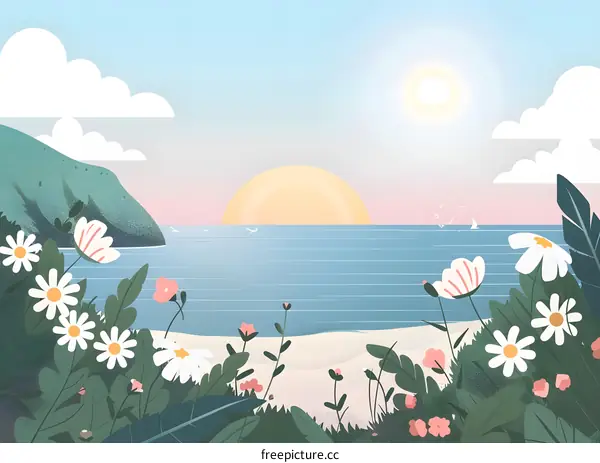 Summer Sunset Beach with Flowers