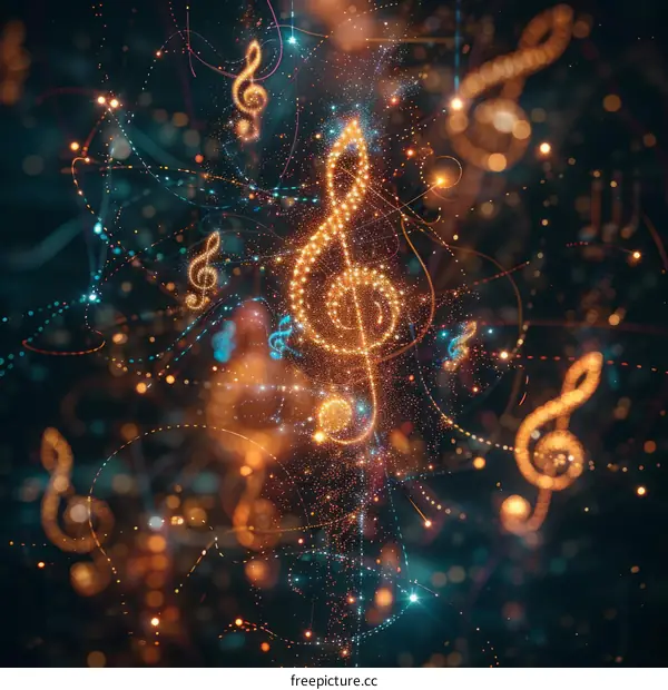 Glowing Treble Clef with Glowing Particles