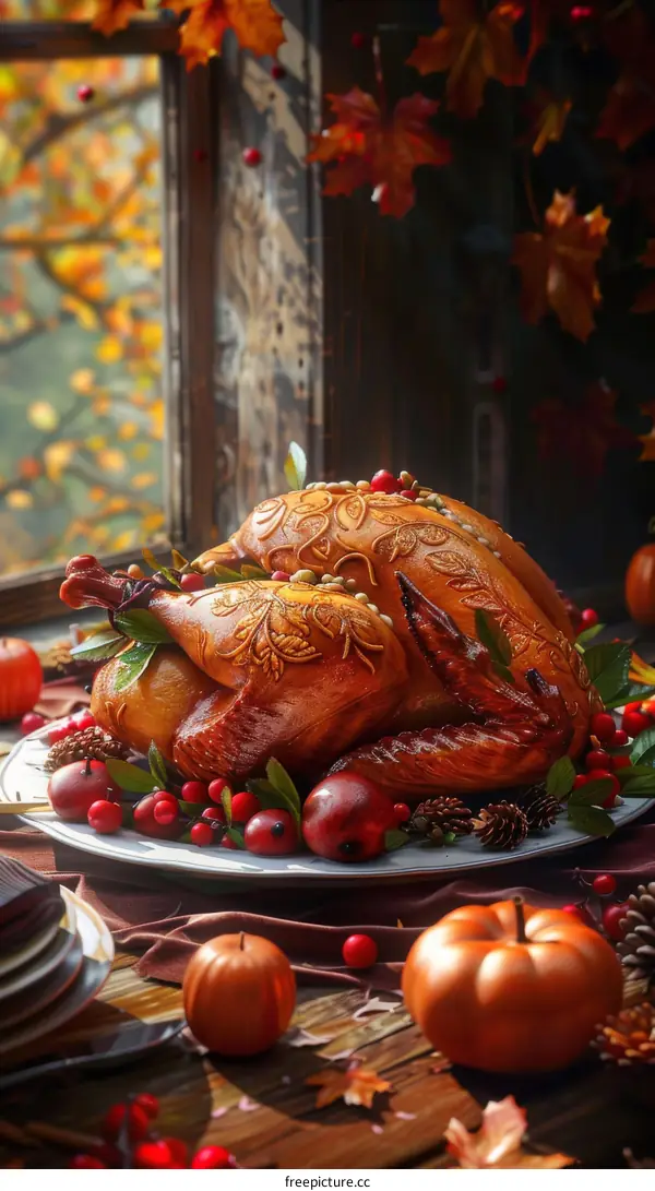 Roasted Turkey with Vegetables and Autumn Leaves for Thanksgiving