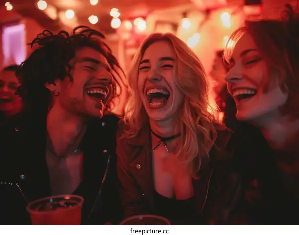 Three friends laughing together in a bar