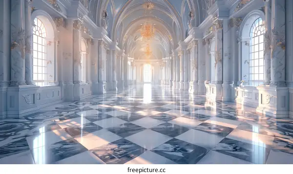 Ornate Hallway with Marble Floors and Arched Windows