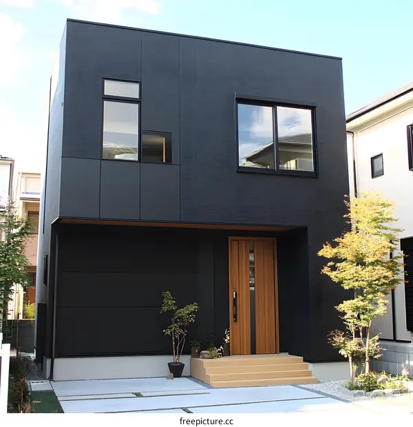Modern Black House with Wooden Door and Steps