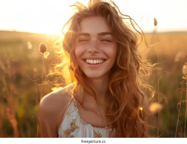 Smiling Woman in a Field at Sunset