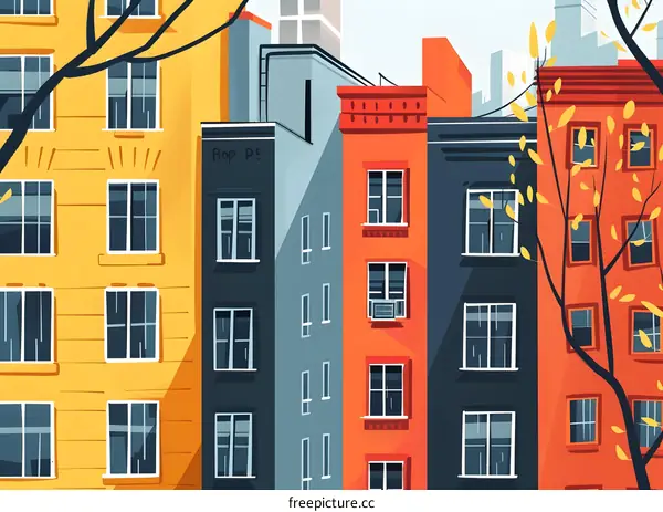 Colorful Row of Houses with Tree