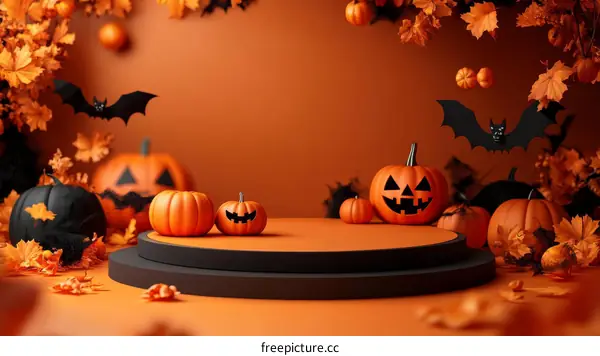 Halloween Orange Background with Pumpkins and Display Stage