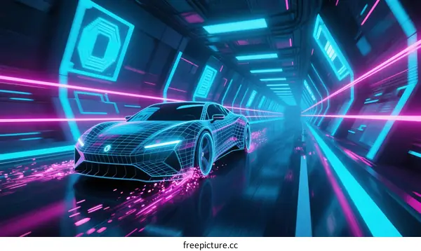 Futuristic Electric Sports Car Moving Through Neon-Lit Tunnel