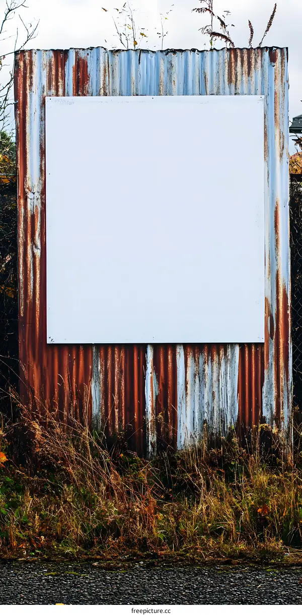 Rusty Metal Fence With Blank White Sign