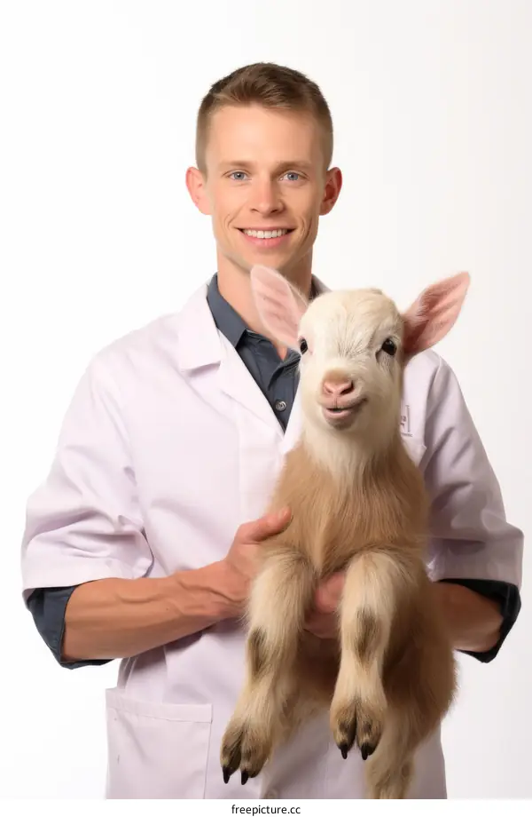 Young male veterinarian holding a baby goat