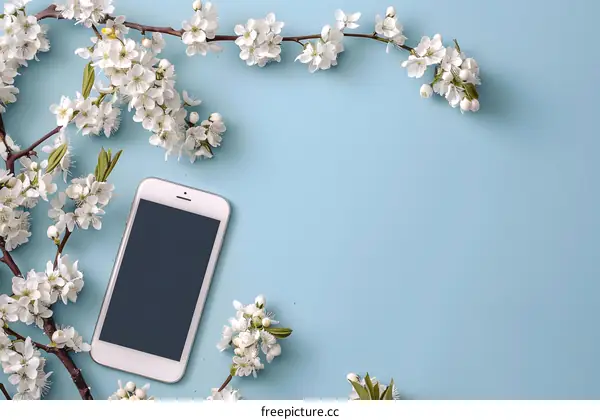 White Flowers and Smartphone on Blue Background