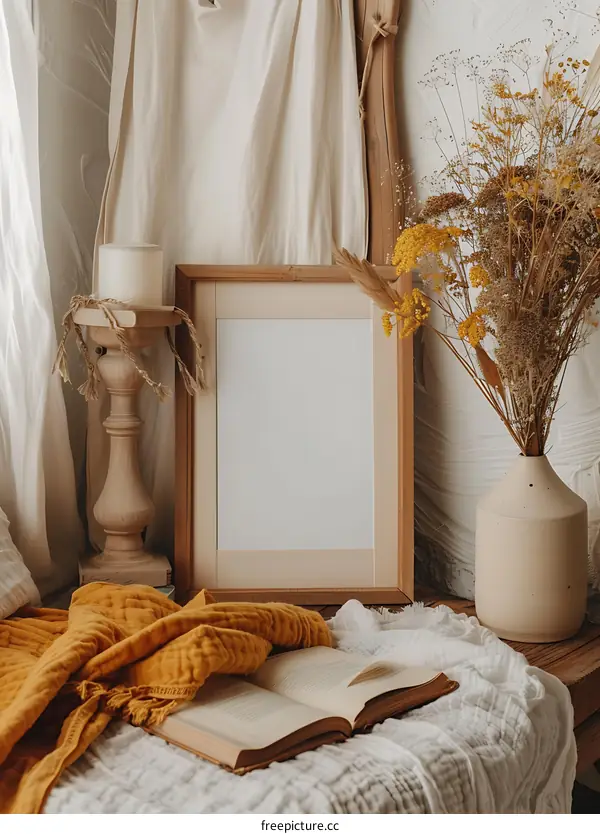 Wooden Frame Mockup With Book and Dried Flowers