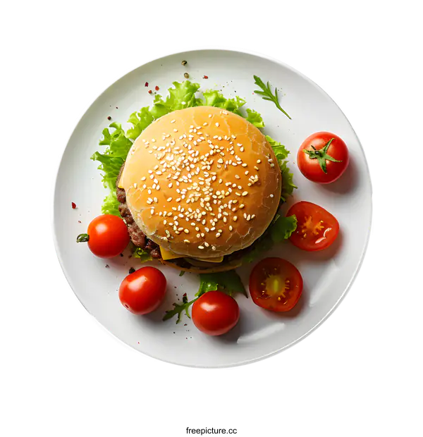 [Transparent Background PNG]Top view of a delicious burger with tomatoes and lettuce on a white plate