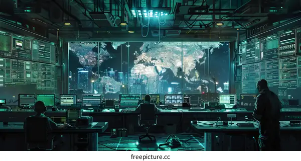 A group of people monitoring a futuristic city