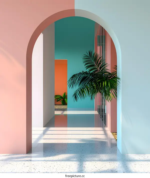 Minimalist  Archway with  Palm Tree and Pastel Colors