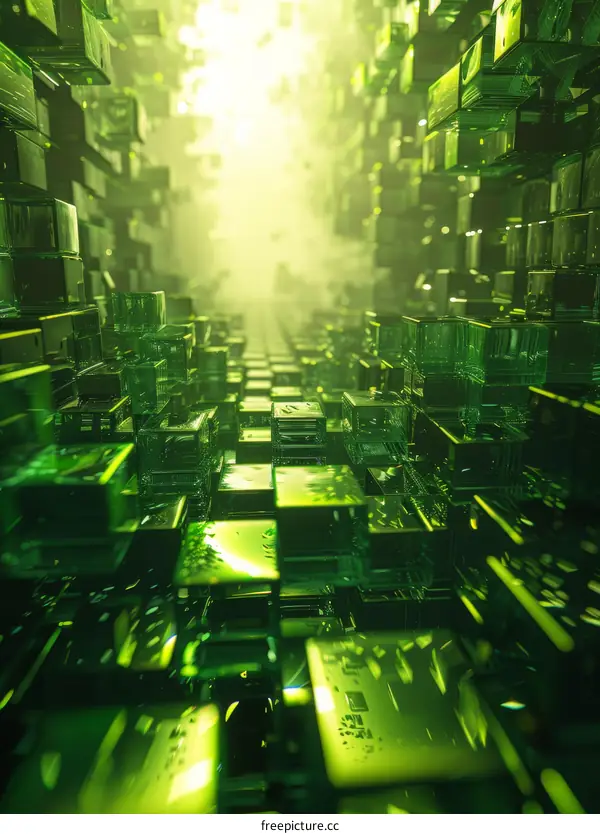 Abstract 3D rendering of a green crystal tunnel