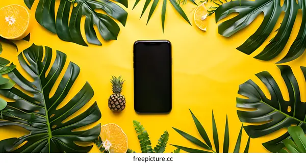 Summer Flatlay With Phone Pineapple Leaves On Yellow Background