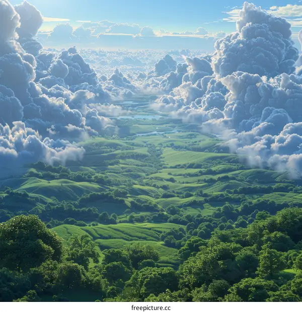 Green Hills and Valleys Coated in Heavenly Clouds