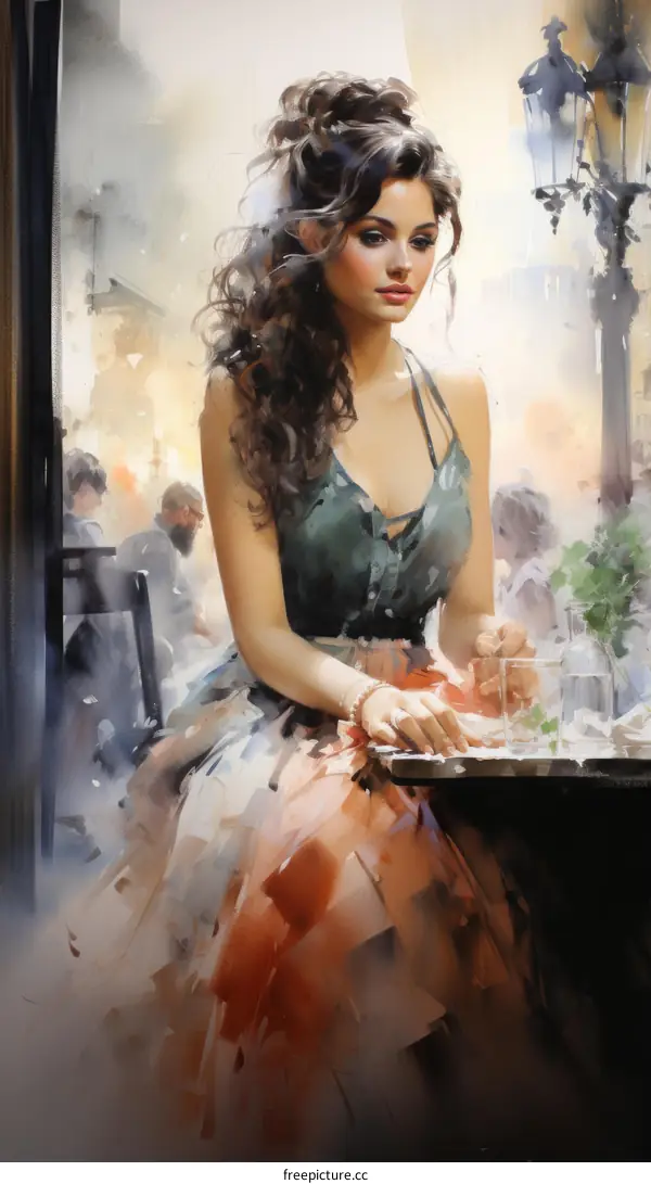 An elegant woman sitting at a table outside a cafe.