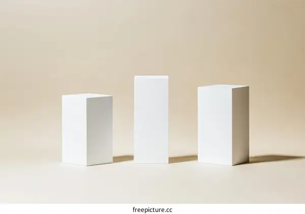 Three White Geometric Blocks on Beige Background