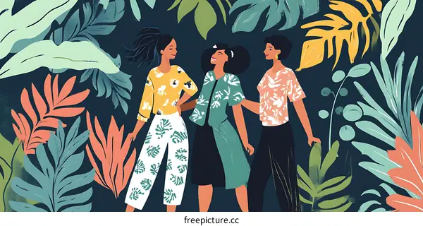 Three Friends In Tropical Foliage Illustration