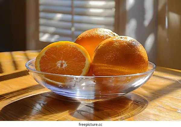 Fresh Oranges in Glass Bowl on Wooden Table