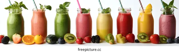 Assortment of Colorful Fruit Smoothies in Glass Bottles