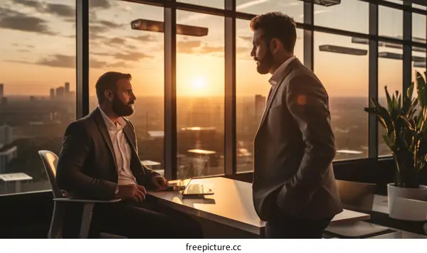 Two businessmen discussing work in an office with a large window