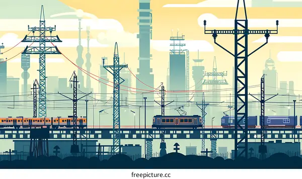 Cityscape with Trains and Power Lines
