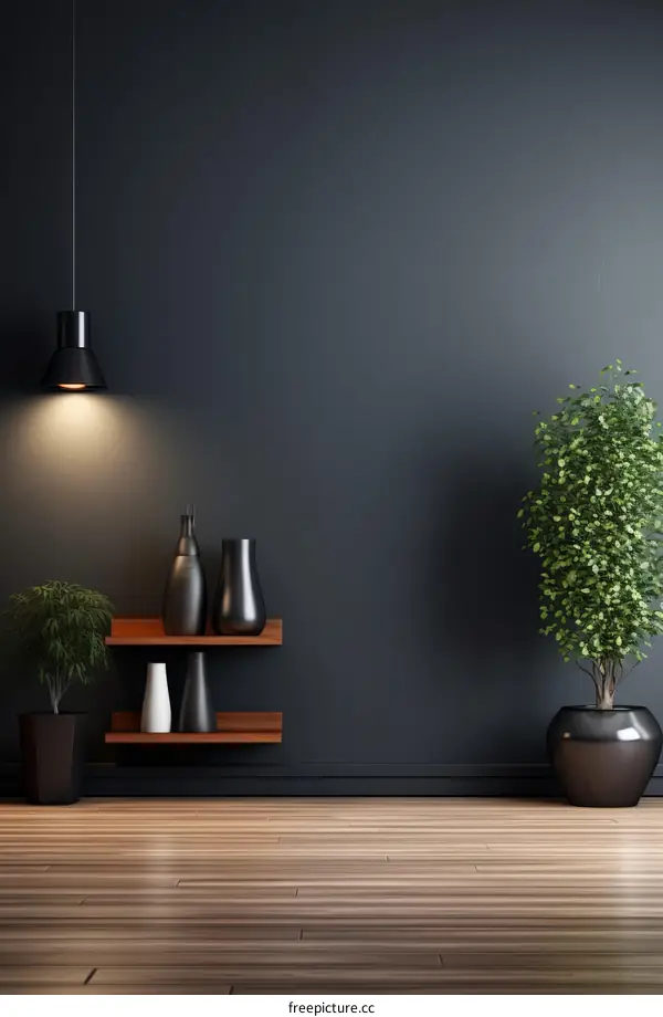 Minimalist Dark Room with Plant and Shelf