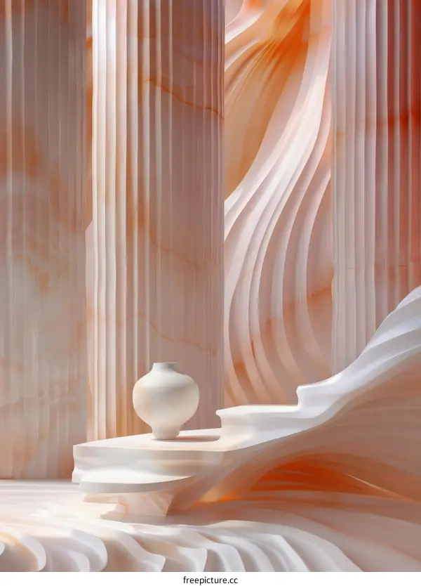 Abstract 3D Render with White Vase and Marble Columns