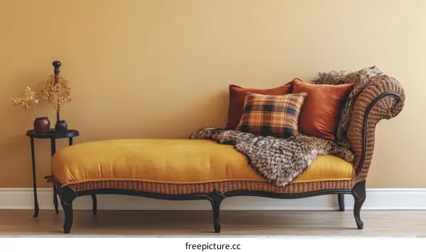 Vintage Mustard Yellow Chaise Lounge in Autumnal Decor