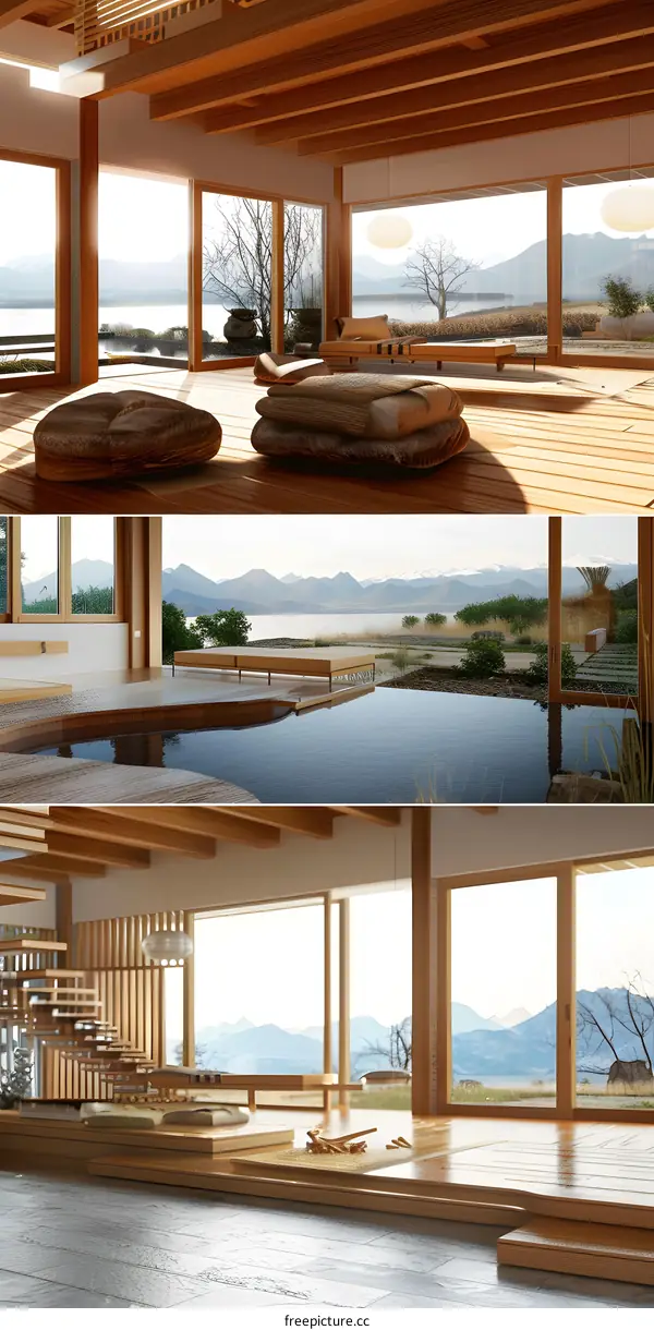 Minimalist Japanese Style House Interior Design with Large Windows and View of Mountain and Lake