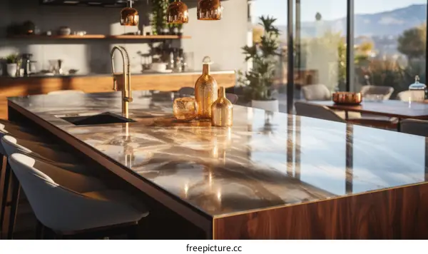 Opulent Kitchen Island with Marble Top and Copper Accents