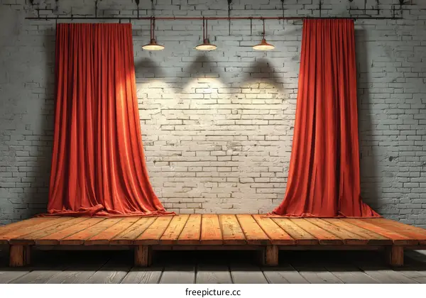Empty Stage with Red Curtains in a Brick Room