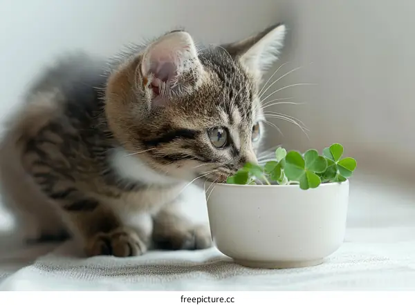 Curious Kitten Sniffing Clover in a Bowl
