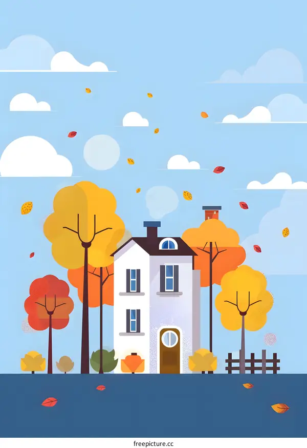 Autumn House with Falling Leaves Illustration