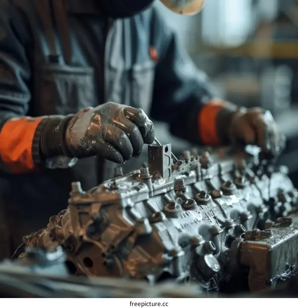 Gloved Hands of a Mechanic Repairing a Car Engine