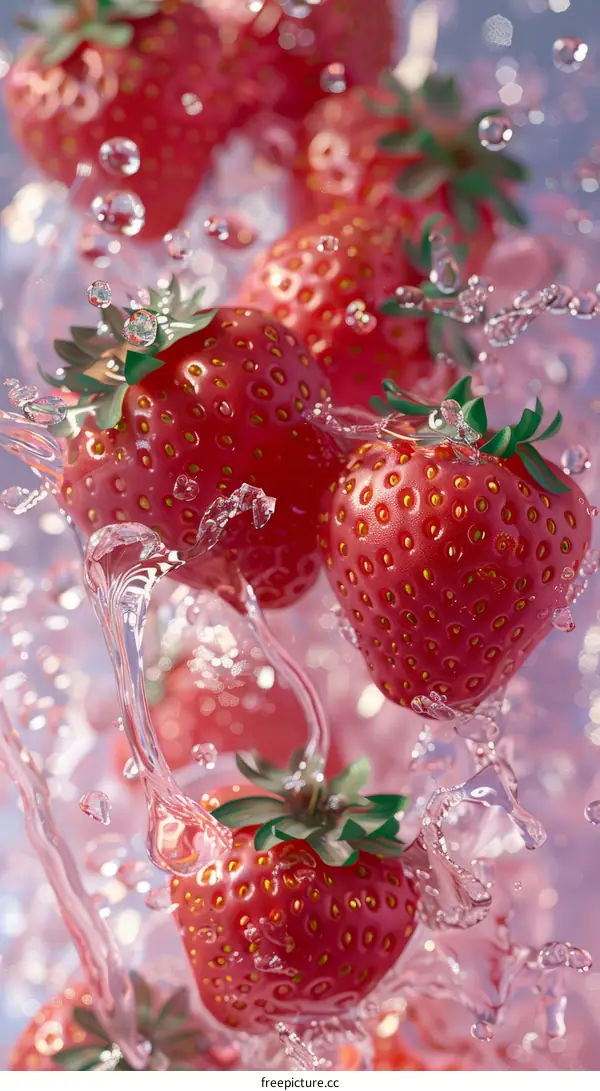 Fresh, ripe strawberries in a splashing water with spray