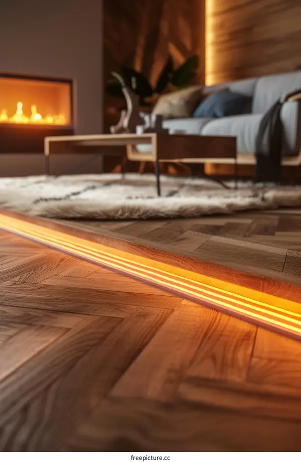 Wooden floor with orange led lighting