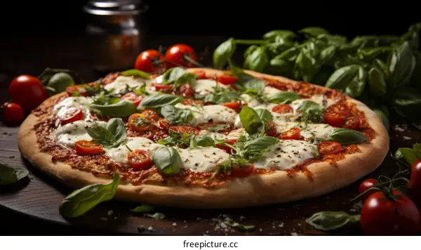 A delicious pizza with fresh tomatoes, mozzarella cheese, and basil