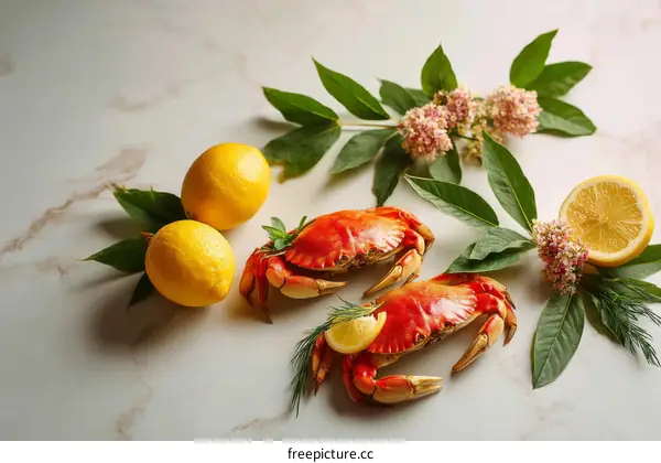 Delicious Cooked Crab with Lemon and Flowers