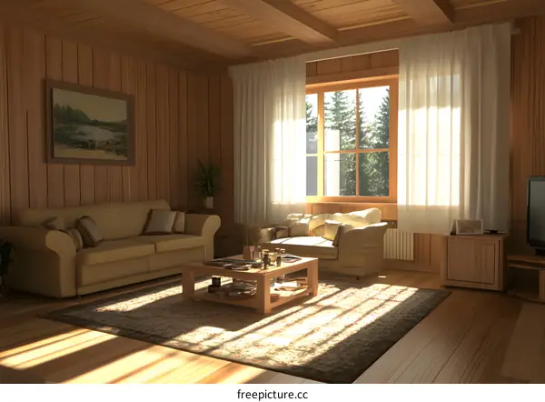 Sunlight Streaming Through The Window In Cozy Wooden Living Room