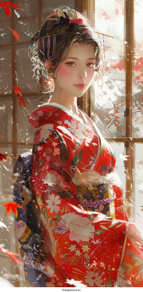 A woman wearing a red kimono stands in front of a window.