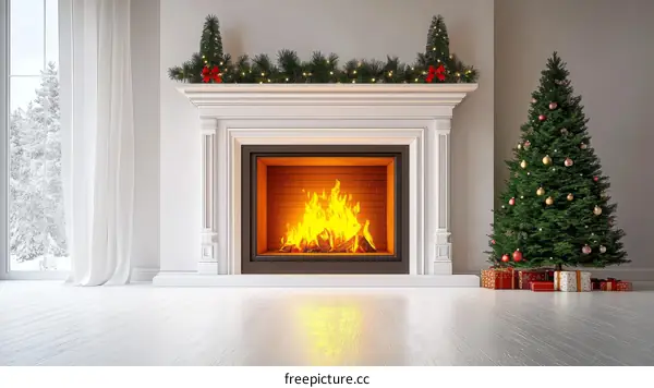 Christmas Interior Decor with Fireplace and Christmas Tree