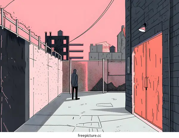 Lonely Man Standing In Alleyway With Red Door