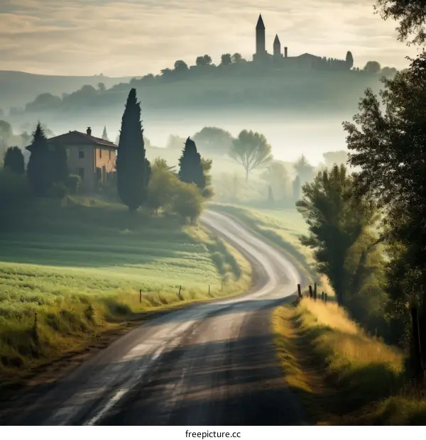Country road through a valley in the morning mist