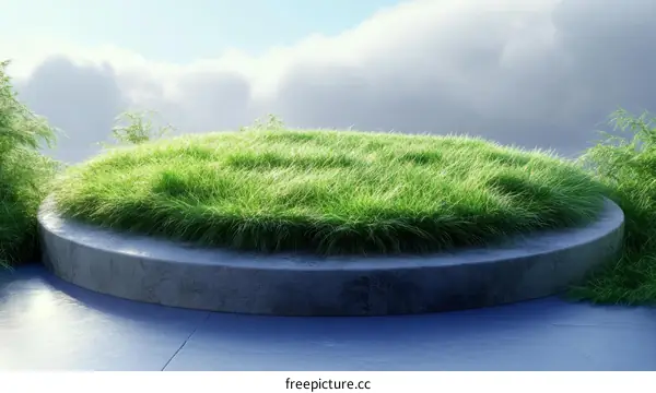 Green Grass on Circular Concrete Platform Against Cloudy Sky