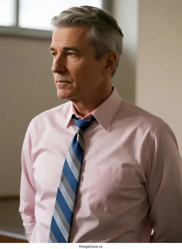 Middle-aged man in formal attire standing indoors