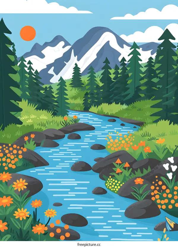 Forest Stream with Mountains in the Background
