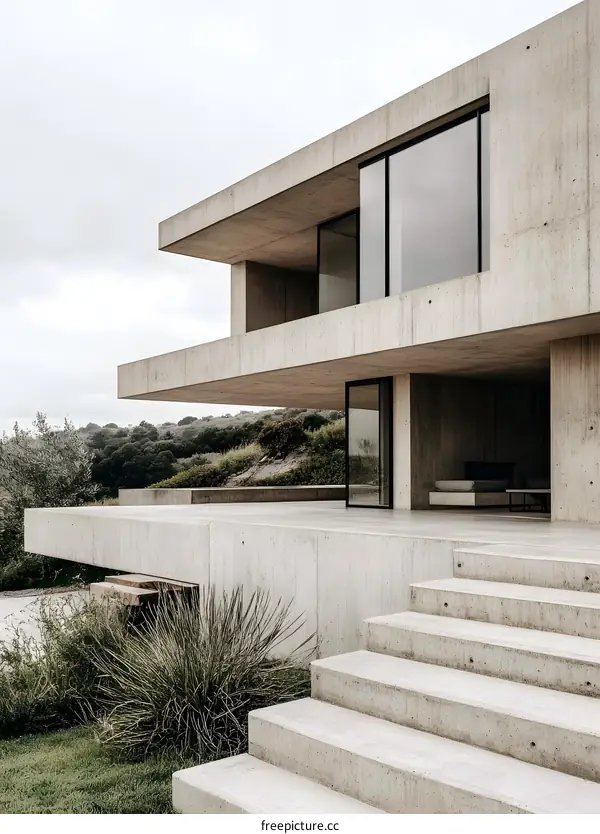 Modern Concrete House With Large Windows and Steps